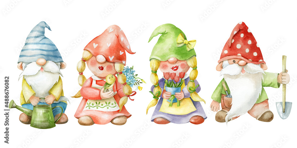 Watercolor hand-drawn set of four garden gnomes. Illustration for greeting cards, christmas invitations and t-shirts.