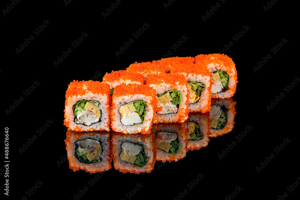 California roll with crab on black with reflection California roll with crab on black with reflection