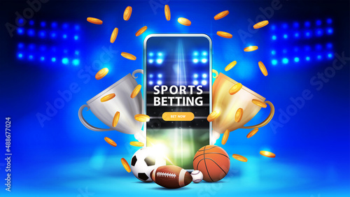 Valokuva Sports betting, blue banner with smartphone, champion cups, falling gold coins a