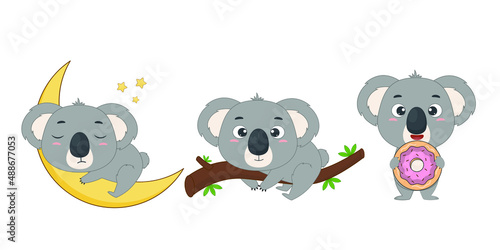 Set of cartoon koala on a white background. Elements for design or print. Vector illustration