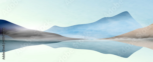 Fototapeta Naklejka Na Ścianę i Meble -  Mountain landscape in blue colors with a lake or sea for interior design, banner, wallpaper