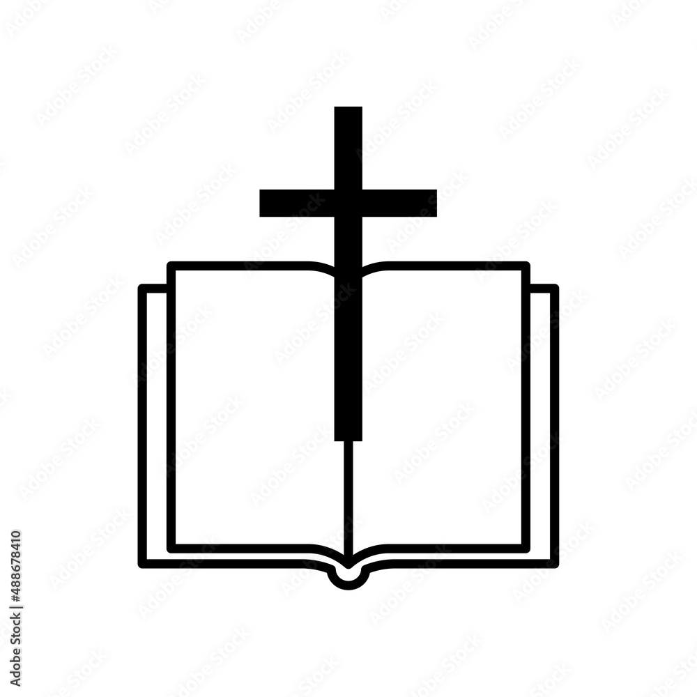 Black open book cross. Religious book with a cross. Bible symbol. Vector illustration. stock image. Black open book cross. Religious book with a cross. Bible symbol. Vector illustration. stock image.