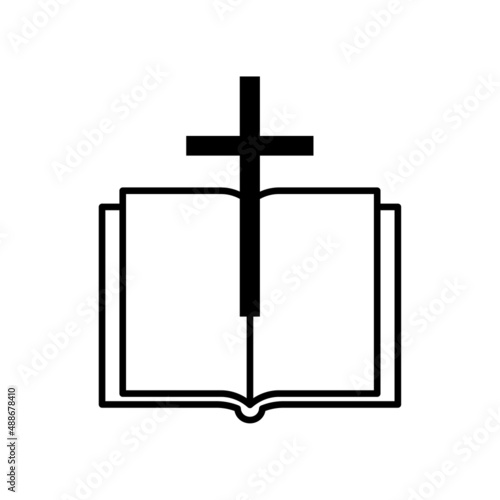 Black open book cross. Religious book with a cross. Bible symbol. Vector illustration. stock image. 