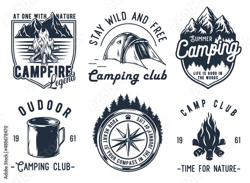 Camping outdoor adventures, summer forest camp, wild life explore emblems set
