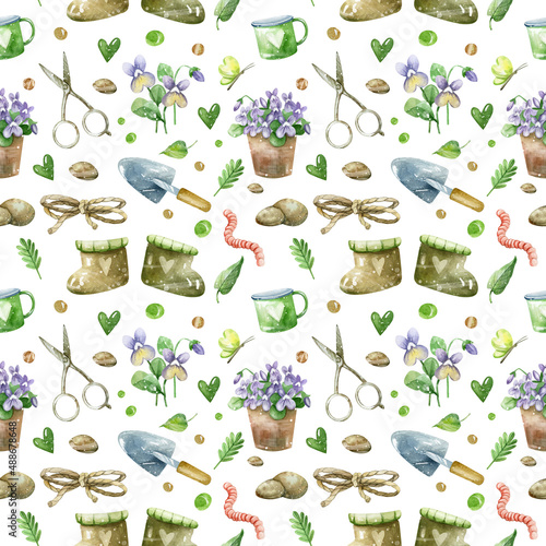 Seamless watercolor hand-drawn pattern with garden tools and spring flowers.
