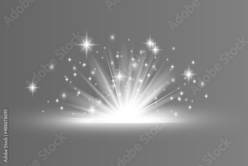 Glow isolated white light effect set, lens flare, explosion, glitter, line, sun flash and stars. Abstract special effect element design. Shine ray with lightning. Set of bright beautiful stars
