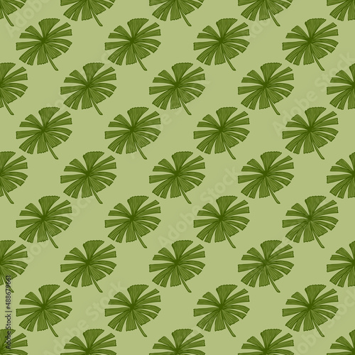 Fan palm leaves seamless pattern on. Vintage foliage of palmetto in engraving style.