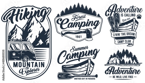 Camping outdoor adventure, summer forest camp, wild life explore emblems set
