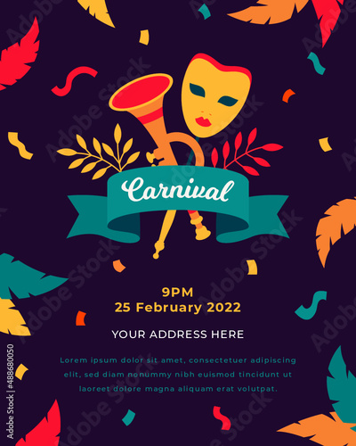 Happy carnival. Invitation. Mask and trumpets. 