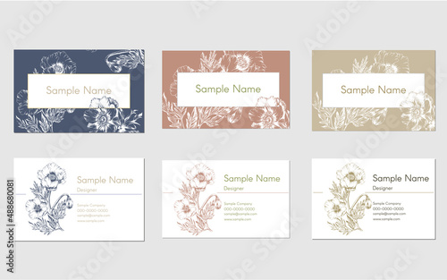 set of business card design templates with hand drawn illustration of anemone flowers, for name card, shop card