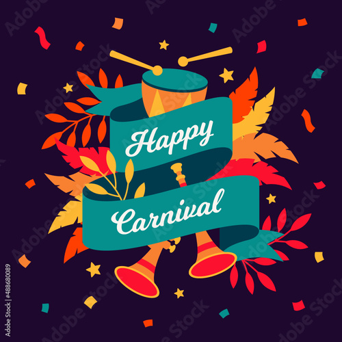 Happy carnival. Social post . Drum and trumpets.