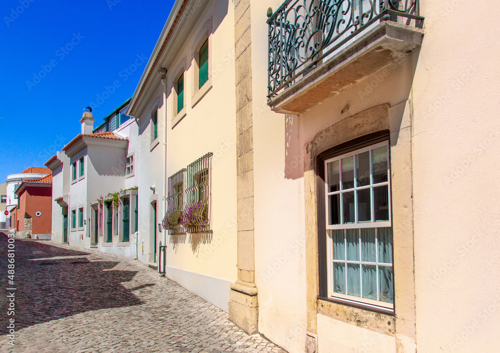 Portugal, Scenic streets of coastal resort town of Cascais in historic city center.