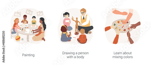 Early education isolated cartoon vector illustration set. Painting and drawing a person with a body, learn about mixing colors, transitional kindergarten curriculum, art play vector cartoon.