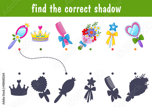 Little cute princess items, hairbrush, mirror, flower bouquet. Find the correct shadow. Educational game for kids. Cartoon vector illustration.
