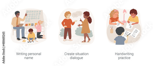 Language skills isolated cartoon vector illustration set. Writing personal name, create situation dialogue, handwriting practice, learn alphabet, preschool children, kindergarten vector cartoon.