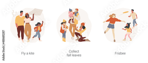 Family leisure time outdoors isolated cartoon vector illustration set. Fly a kite, collect fall leaves, throwing frisbee, windy day, colorful bouquet, walking a dog, warm outfit vector cartoon. © Vector Juice