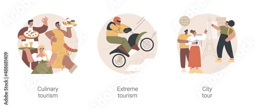 Authentic travel experience abstract concept vector illustration set. Culinary tourism, extreme sports, city tour, local cuisine, food festival, climbing mountains, sightseeing abstract metaphor.