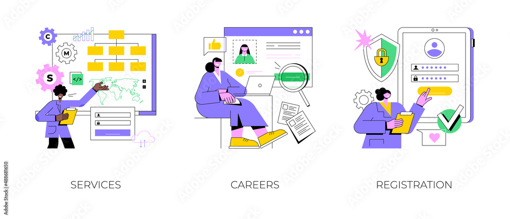 Corporate website abstract concept vector illustration set. Service and careers, registration page, menu bar design, corporate website, create account, user experience and interface abstract metaphor.