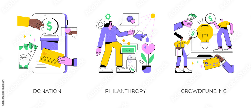 Fundraising abstract concept vector illustration set. Donation and philanthropy, crowdfunding and crowdsourcing, raise money in internet, financial support and charity project abstract metaphor. Fundraising abstract concept vector illustration set. Donation and philanthropy, crowdfunding and crowdsourcing, raise money in internet, financial support and charity project abstract metaphor.