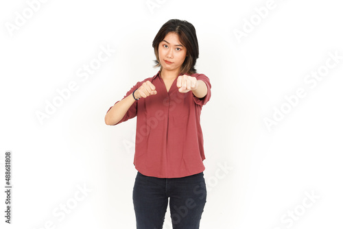 Punching fist to fight Of Beautiful Asian Woman Isolated On White Background