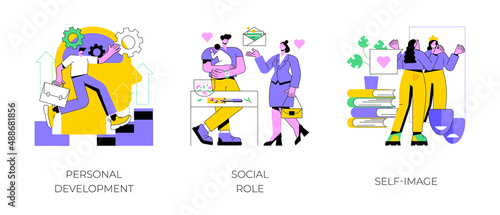 Human capital abstract concept vector illustration set. Personal development, social role, self-image, gender stereotypes, career growth, self improvement, coach, modern family abstract metaphor.