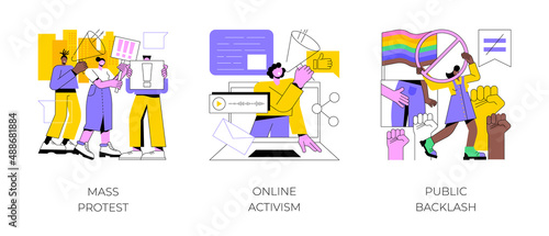 Social movement abstract concept vector illustration set. Mass protest, online activism, public backlash, political rights, racial equity, social media, bias and discrimination abstract metaphor.