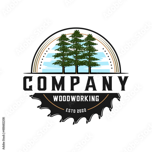 tree and saw logo design. construction company illustration
