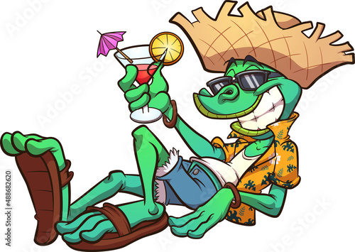 Cartoon iguana on vacation relaxing with tropical drink. photo