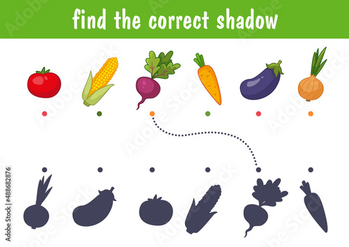 Set of cute vegetables, carrots, corn, beets, eggplant. Find the correct shadow. Educational game for children. Cartoon vector illustration, color clipart.