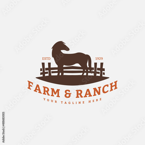 Horse and wooden fence silhouette, for farm ranch vintage retro logo design