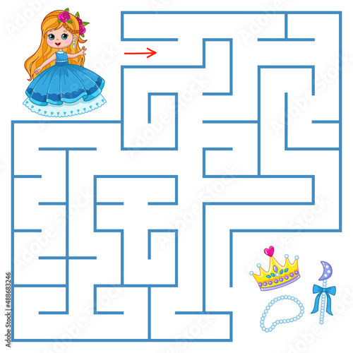 A cute little princess is looking for a way to treasure through the labyrinth. Find a way out of the maze. Educational game for children. Cartoon vector illustration, color clipart.