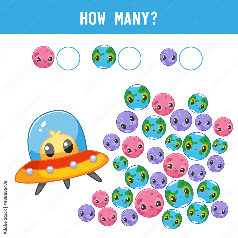 How many planets are near the UFO? Counting educational kids game, kids math activity sheet. Cartoon color vector illustration