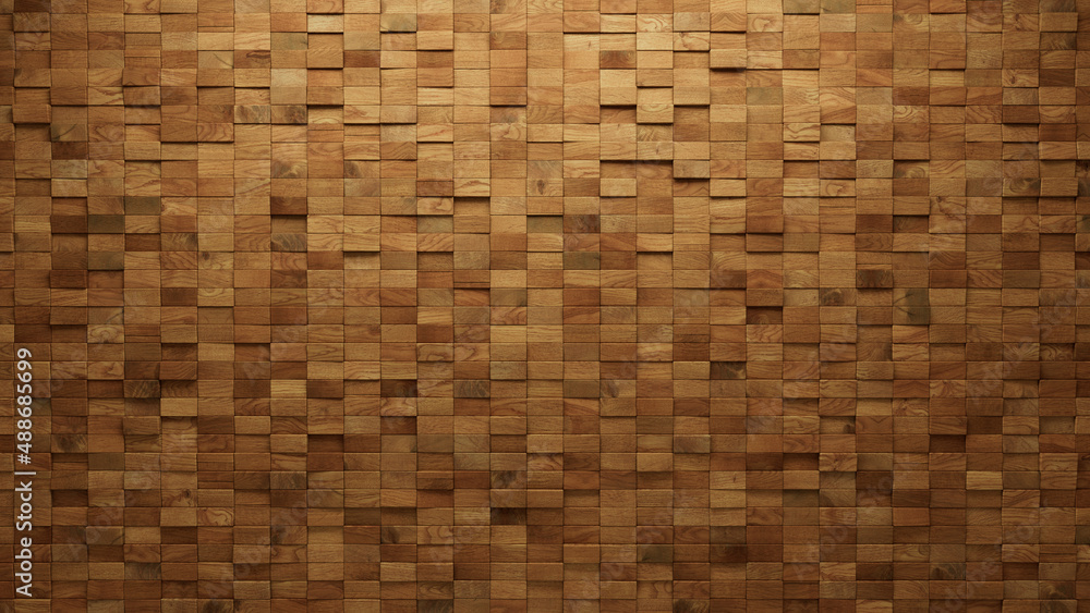 Wood Tiles arranged to create a Soft sheen wall. Natural, 3D Background formed from Rectangular blocks. 3D Render Wood Tiles arranged to create a Soft sheen wall. Natural, 3D Background formed from Rectangular blocks. 3D Render