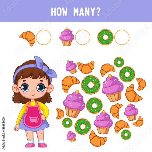 How many cakes and sweet donuts are next to the confectioner girl? Counting educational kids game, kids math activity sheet. Cartoon color vector illustration.