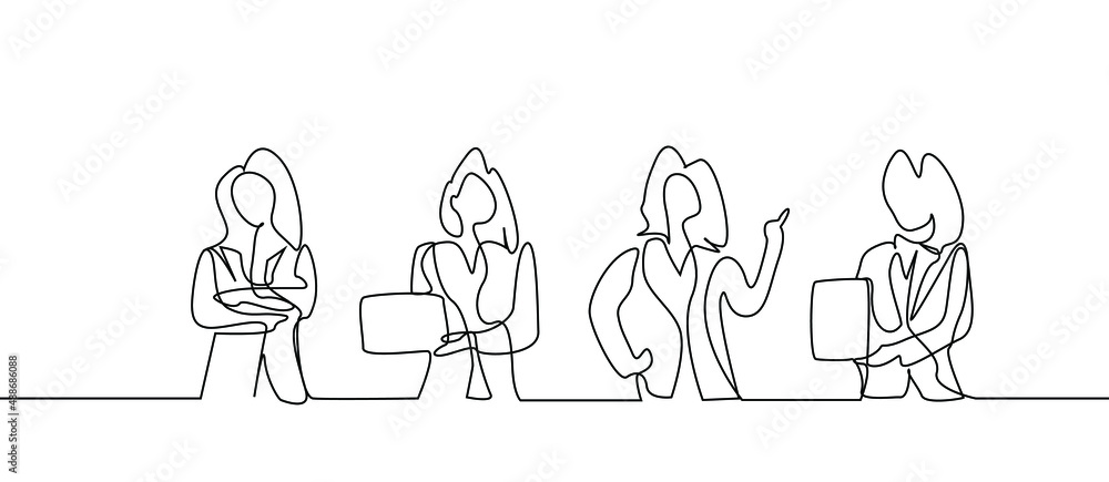 businesswoman in different poses standing showing tablet and laptop and making signs