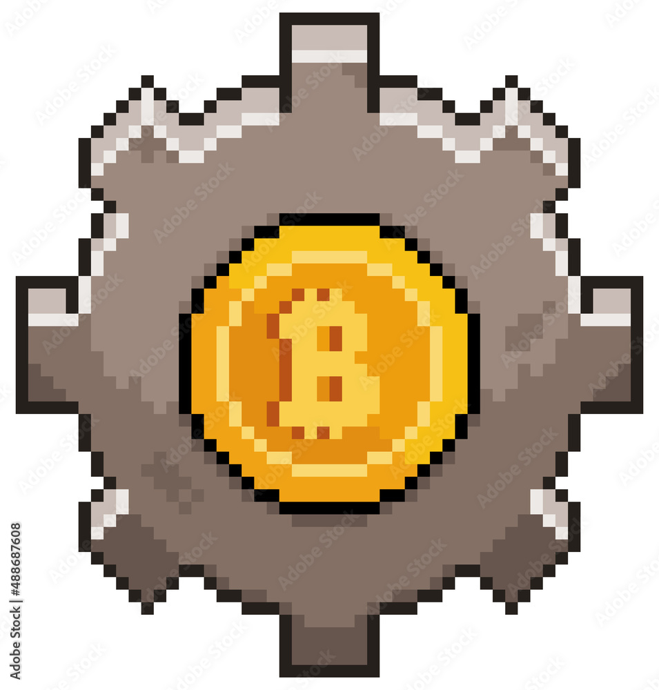 Fototapeta premium Pixel art bitcoin gear vector icon for 8bit game on white background 