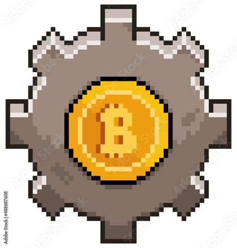 Pixel art bitcoin gear vector icon for 8bit game on white background
