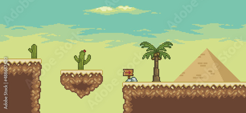 Pixel art desert game scene with pyramid, palm tree, cactuses, floating island 8bit background