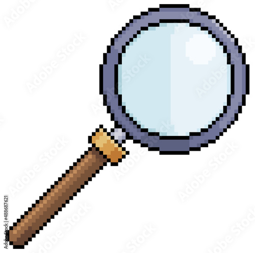 Pixel art magnifying glass vector icon for 8bit game on white background
