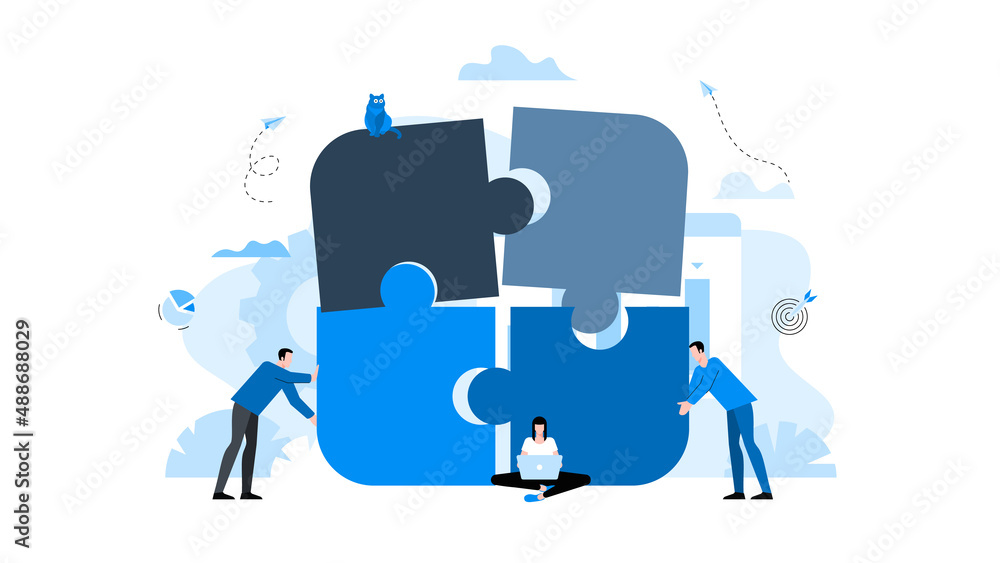 Animation ready duik friendly vector Illustration. Conceptual business story. Puzzle connection, teamwork abstract metaphor, partnership, collaboration, solving problem, effective business solution. Animation ready duik friendly vector Illustration. Conceptual business story. Puzzle connection, teamwork abstract metaphor, partnership, collaboration, solving problem, effective business solution.