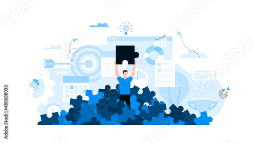 Man finds the right puzzle in huge pile, he took it out and holds it over his head. Animation ready duik friendly vector. Conceptual business story. Solving problem, effective business solution.