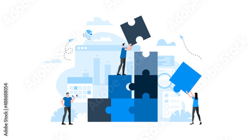 Office workers are building a tower of puzzles together. Animation ready duik friendly vector Illustration. Conceptual business story. Puzzle connection, teamwork abstract metaphor.