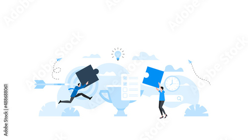 Man and woman go towards each other to connect puzzles. Animation ready duik friendly vector Illustration. Conceptual business story. Puzzle connection, teamwork abstract metaphor, partnership.