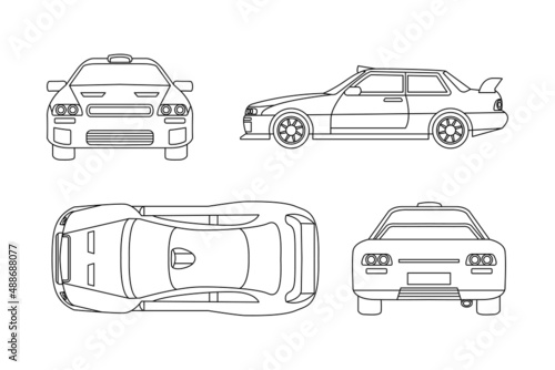 sports car vehicle outline design top view, front view, rear view and side view isolated on white background