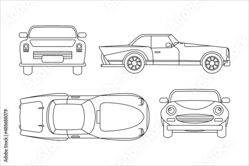 sports car vehicle outline design top view, front view, rear view and side view isolated on white background
