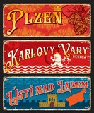 Plzen, Karlovy Vary, Usti nad Labem czech regions stickers and plates. Vector vintage travel destination banners with hop, heraldic lion, coat of arms shield, crown, and castle. Touristic grunge signs