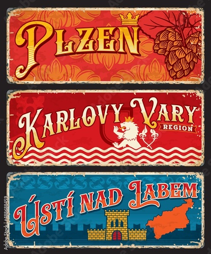 Plzen, Karlovy Vary, Usti nad Labem czech regions stickers and plates. Vector vintage travel destination banners with hop, heraldic lion, coat of arms shield, crown, and castle. Touristic grunge signs