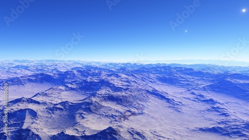 alien planet landscape sci fi spatial background  view from planet surface with spectacular sky  realistic digital illustration  