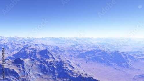 alien planet landscape sci fi spatial background, view from planet surface with spectacular sky, realistic digital illustration   © ANDREI