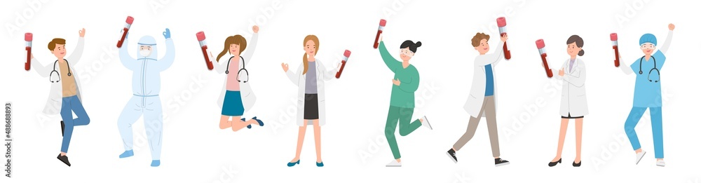 Paramedic man or woman doctor or laboratory staff composition, medical specialist with blood and test tube, doctor team concept, medical office or laboratory, cartoon vector Paramedic man or woman doctor or laboratory staff composition, medical specialist with blood and test tube, doctor team concept, medical office or laboratory, cartoon vector